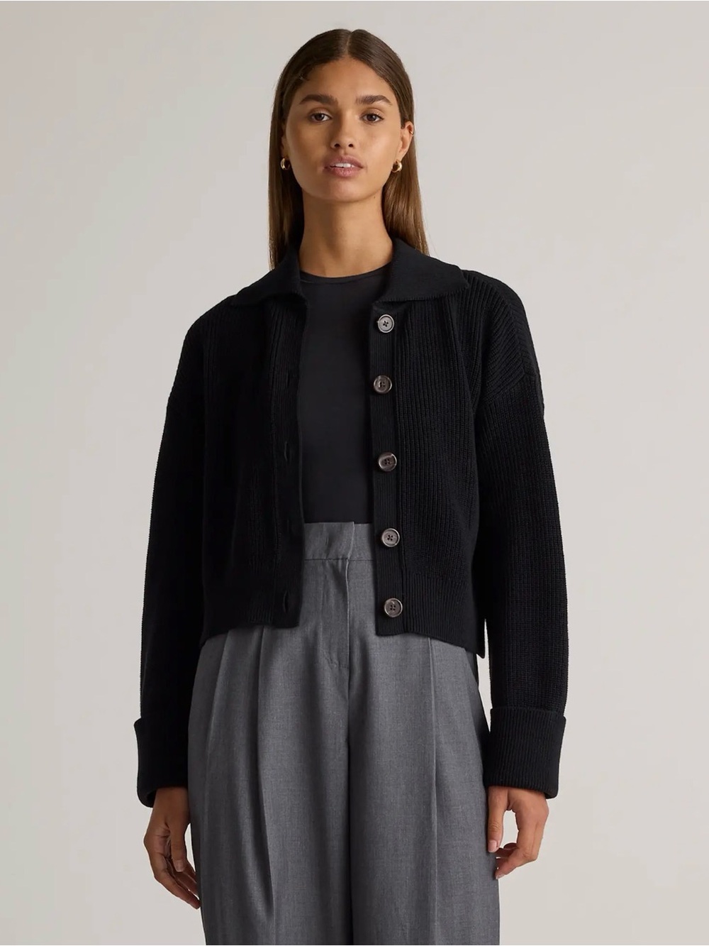 QUINCE Black Fisherman’s Cardigan Limited Edition 100% Organic Cotton SIZE XS